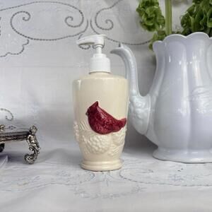 Soap Dispenser Ivory  Porcelain‎ Embossed Red Cardinal Made In Taiwan